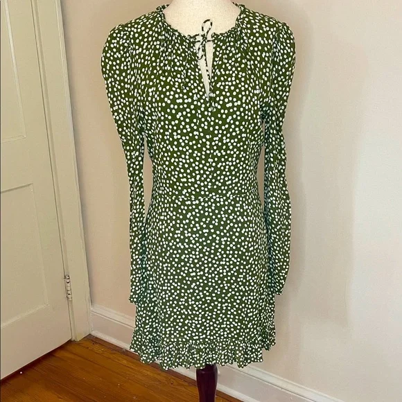 Reformation Marcy Mini Dress Green White Polka Dot Long Sleeve Size 8 - Picture 2 of 7